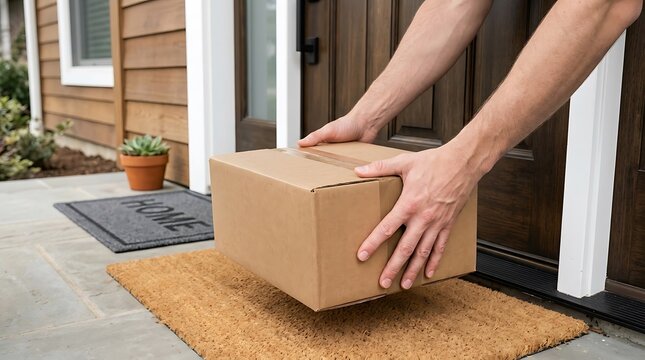 Hands placing a cardboard package on a doorstep with a welcome mat during daylight