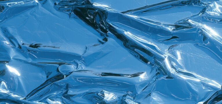 Abstract close-up of crumpled blue metallic material with high reflectivity