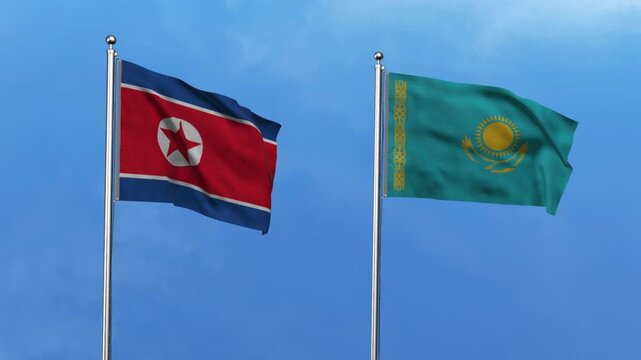 North Korea and Kazakhstan Waving Flags, 3D Illustration
