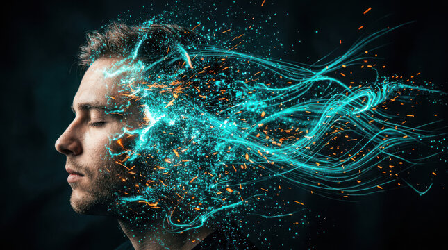 Man visualizing digital thoughts with glowing blue particle energy streaming from his head