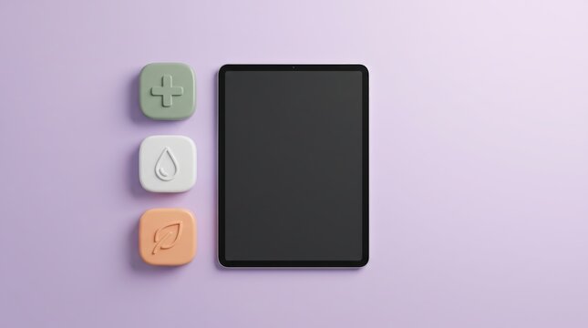 Vertical Blank Screen Tablet Mockup with Left Aligned Medical Icons Flat Lay Top View Concept