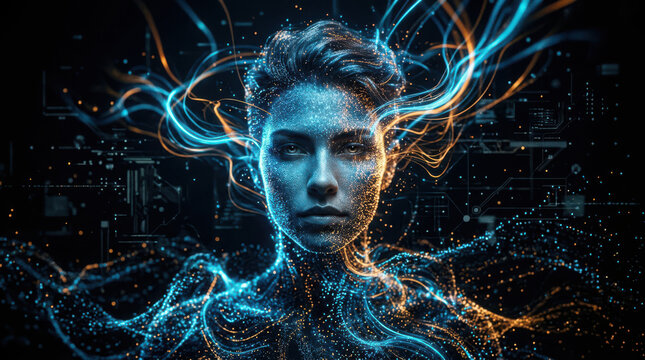 Futuristic artificial intelligence woman portrait glowing with digital blue data lights and neon fibers