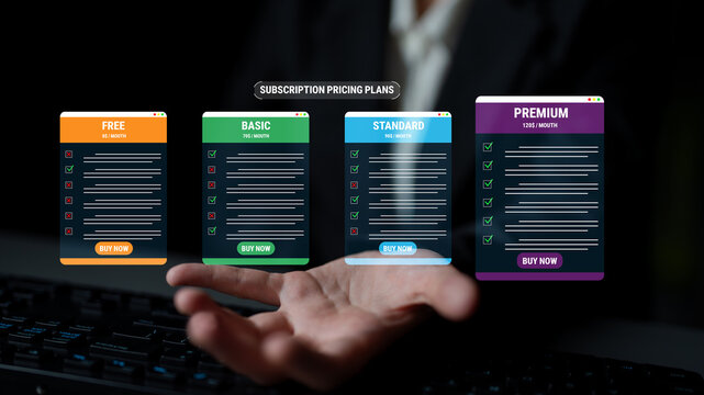Subscription Pricing Plans Featuring Four Options with Clear Call to Action for Free, Basic, Standard, and Premium Services on a Dark Background. Glyphic.