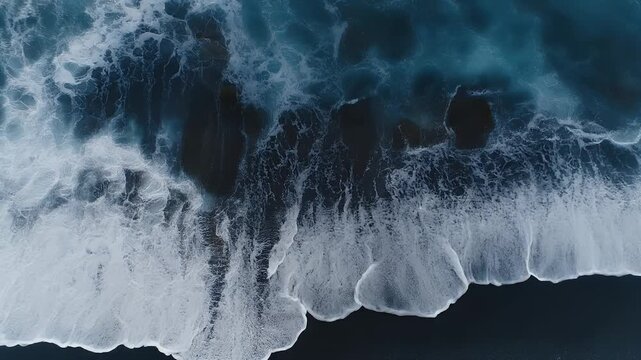 Aerial view of powerful ocean waves crashing onto a dark sand beach.