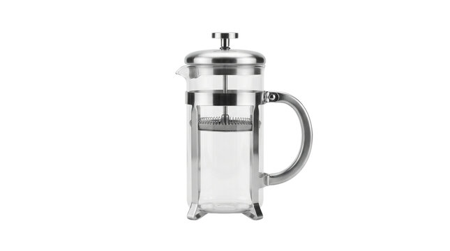Stainless steel French press coffee maker, glass coffee plunger cafetiere for morning brewing, modern chrome tea press vessel isolated PNG with Transparent Background