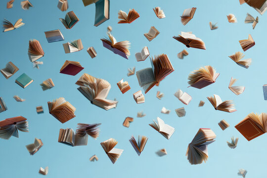Many different books in air on light blue background 
