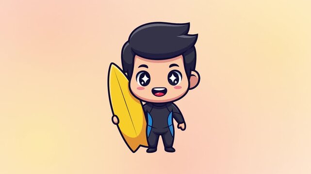 Cute surfer boy character holding a yellow surfboard in a black wetsuit