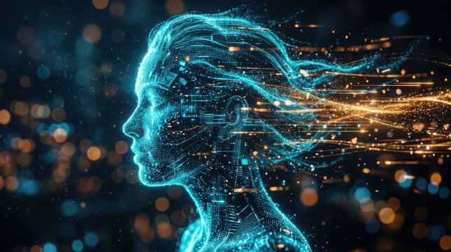 Glowing digital human face composed of intricate glowing lights and futuristic technology particle streams