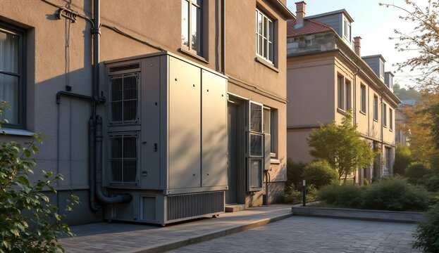 Older urban architecture upgraded with a discreet modular heat-pump system, showing practical building adaptation, energy efficiency, and low-impact retrofit design