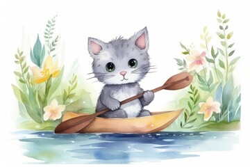 Fototapeta premium Cat Rowing a canoeing animal drawing mammal.