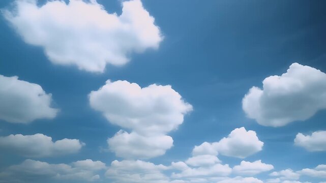 A triptych of fluffy white cumulus clouds against a vibrant blue sky.