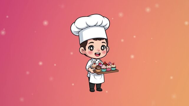 Cute cartoon chef holding a tray of colorful cupcakes with cherry on top