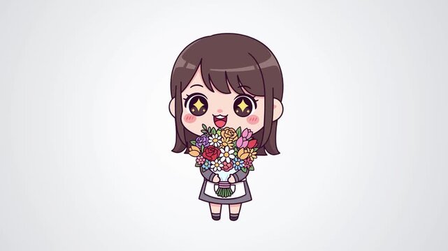 Cute anime girl holding a bouquet of flowers in a video clip sequence