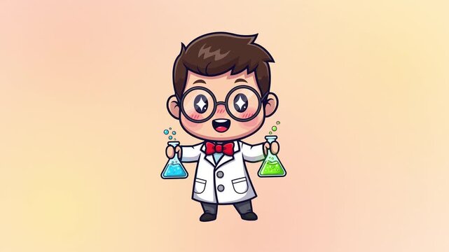 Cute cartoon scientist boy with glasses holding test tubes with colorful liquids
