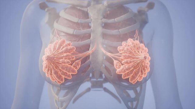Anatomical visualization of human breast structures and rib cage, detailed medical illustration of mammary glands and skeletal system