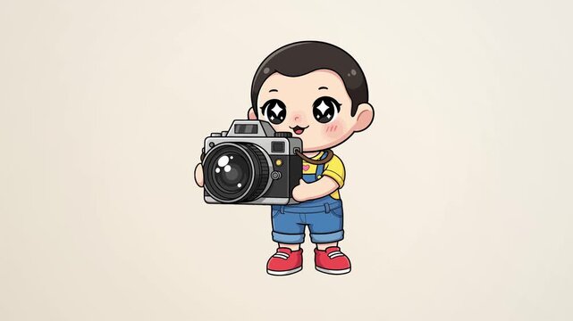 Cute cartoon boy holding a vintage camera ready to take a photo