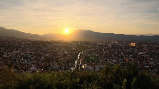 aerial view of prizren, the historic city in northern kosovo at sunset video