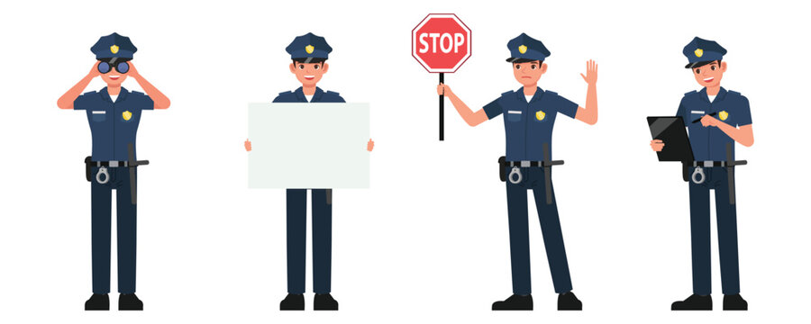 Police vector character design. Presentation in various action.