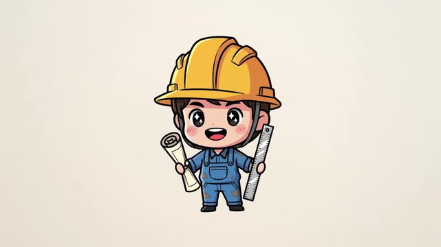 Cute cartoon construction worker holding blueprints and a ruler