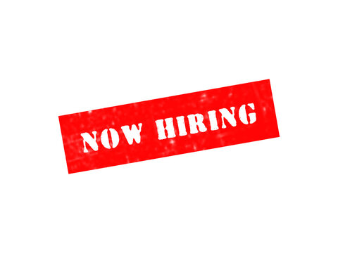 A bold red rectangular rubber stamp featuring the text now hiring in white letters isolated on a solid black background, for job postings isolated on a transparent background