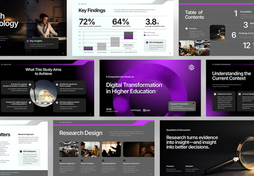 Thesis Defense Presentation Template, Modern Purple Gradient Slide Deck for Dissertation, Academic Research & Doctoral Viva