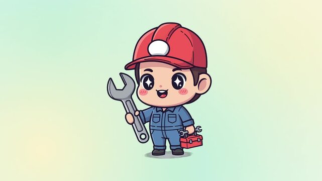 Cute cartoon mechanic character holding a wrench and toolbox