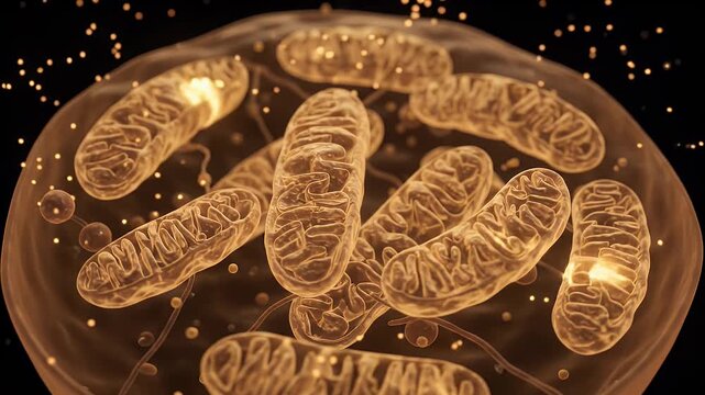 Animated 3d rendering of mitochondria generating energy within a cell, cellular respiration process, aerobic metabolism, biochemical energy production