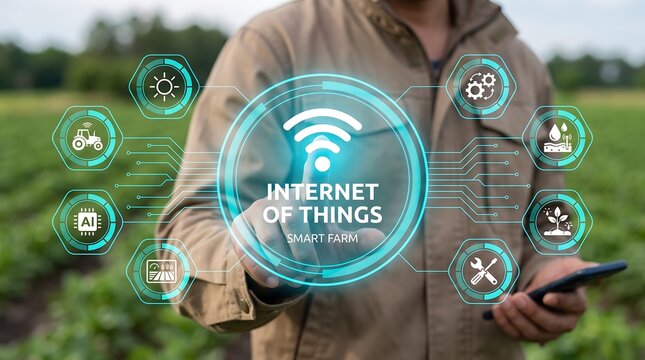 Smart Farming Internet of Things Technology Interface with Farmer Holding Smartphone in Field for Agricultural Management Website Header Web Banner