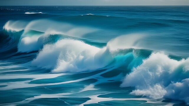 A triptych of majestic ocean waves crashing with white foam under a bright sky.