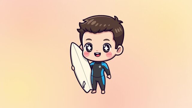 Cute cartoon surfer boy in wetsuit holding surfboard with happy expression