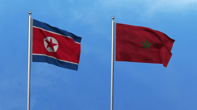 North Korea and Morocco Waving Flags, 3D Illustration.