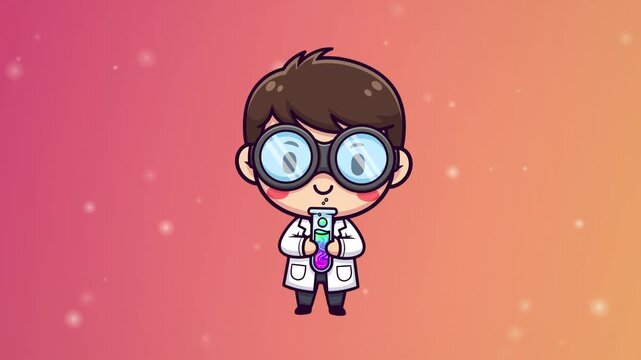 Cute cartoon scientist boy holding a colorful test tube with bubbling liquid