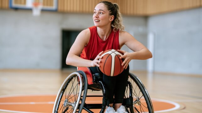 Female wheelchair basketball player holding ball on indoor court for adaptive sports inclusion poster fitness campaign design