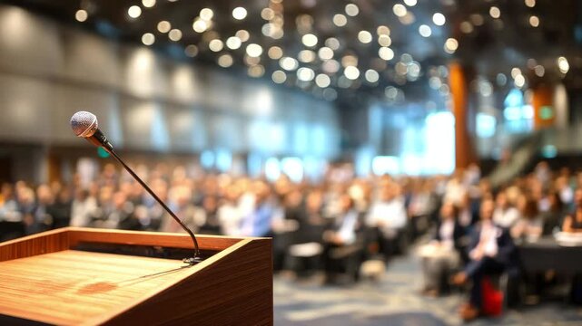 A wooden podium with a microphone against the backdrop of a blurred hall filled with happy people. Concept of a public speech, conference, or meeting