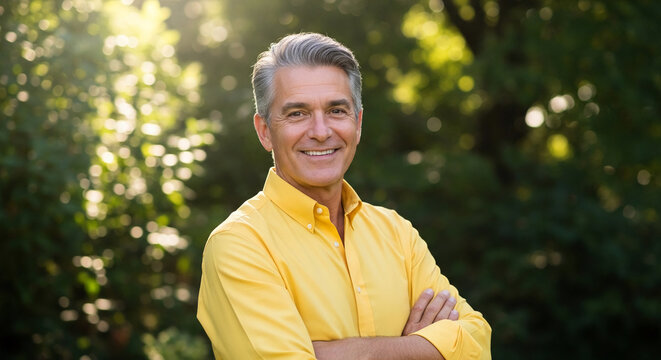 Portrait of a smiling, middle-aged man with grey hair in a yellow shirt, arms crossed, against a blurred green outdoor background, symbolizing maturity and happiness