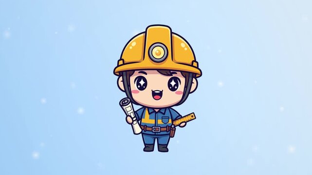 Cute Cartoon Engineer Holding Blueprint and Ruler
