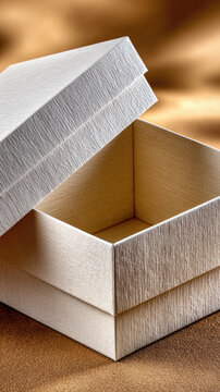 Open textured wooden gift box revealing an empty golden interior. Presented on a light surface with a soft. Blurred golden background providing ample copy space for product display or festive banners