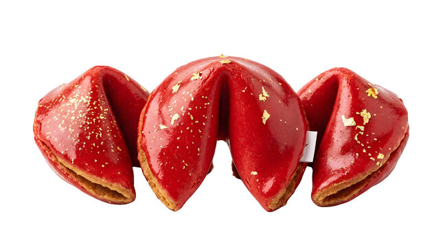 Three red fortune cookies decorated with gold leaf flakes isolated on a white background