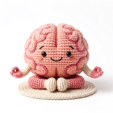 Cute crochet brain character meditating for world mental health awareness and wellness