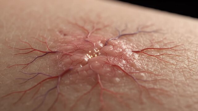 Detailed closeup view of skin tissue healing at a wound site, showing new cell growth and blood vessels forming, medical regeneration process