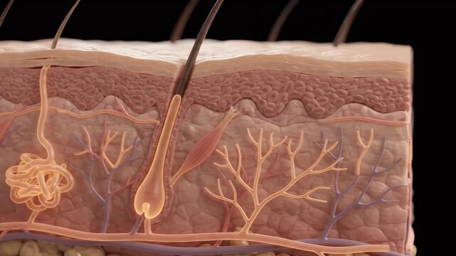 Detailed 3d cross-section of human skin layers showing epidermis, dermis, hair follicles, blood vessels, and sweat glands, medical illustration, scientific visualization
