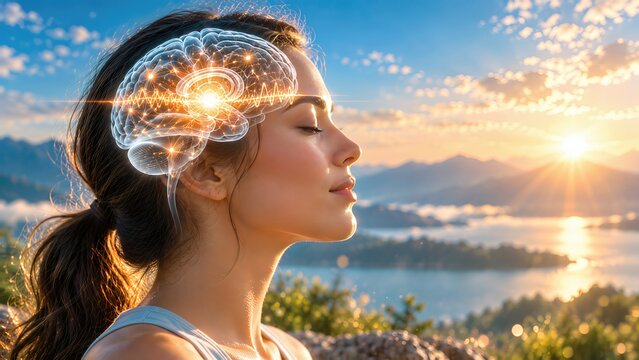 Glowing Brain Profile Representing Self Awareness and Mental Wellbeing