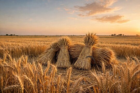 Golden wheat sheaves at harvest time with a sickle for Vaisakhi