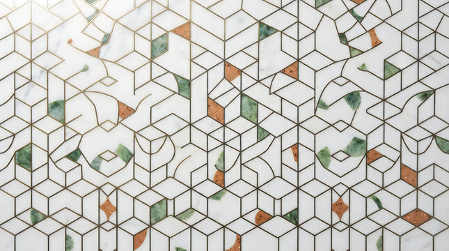 Abstract geometric pattern with black lines and small orange shapes on a light grey backdrop