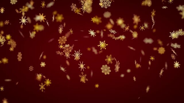 Golden Snowflakes Falling Against a Rich Red Winter Background