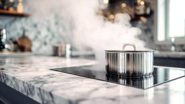 A steaming pot on an induction cooktop on a marble countertop in a modern kitchen. A concept of cooking, modern appliances, and coziness