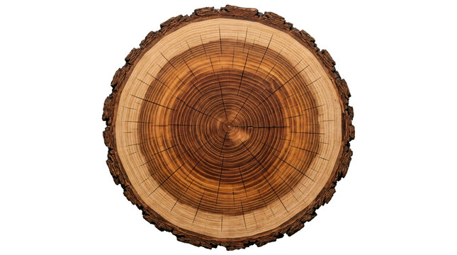 Round tree trunk slice featuring detailed annual rings and rough bark texture on transparent background