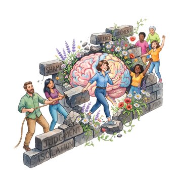 Watercolor illustration depicting people overcoming mental health stigma and breaking down walls