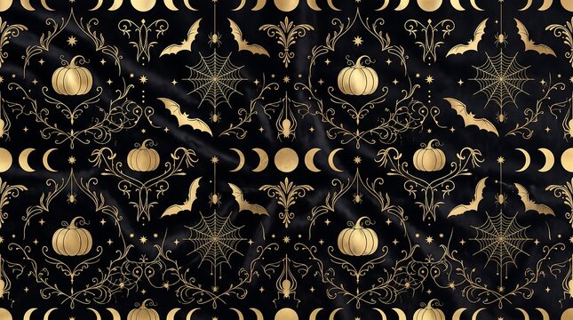 Seamless pattern background, with golden line, of pumpkins, spider, webs, bats, and, moon phases on, a black fabric, texture surface