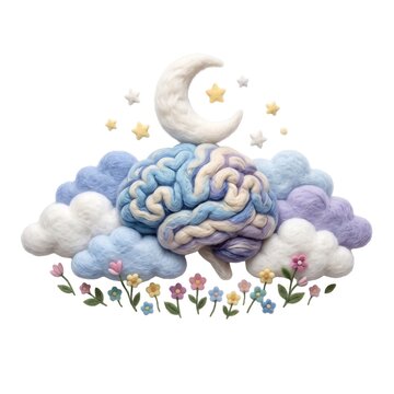 Needle felted brain illustration representing mental health wellness with clouds and stars